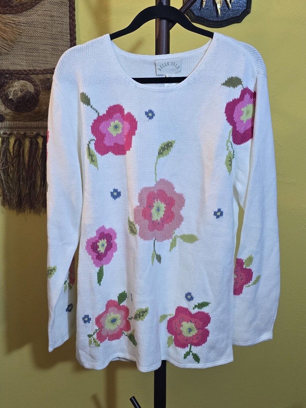 Belle Isle 90s White Floral Knit Long-Sleeve Sweater Sz L